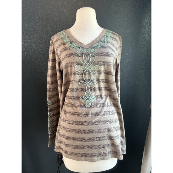 Double D Ranch Women’s Sz Medium Long Sleeve Brown Shirt Turquoise Embroidery - Picture 1 of 7